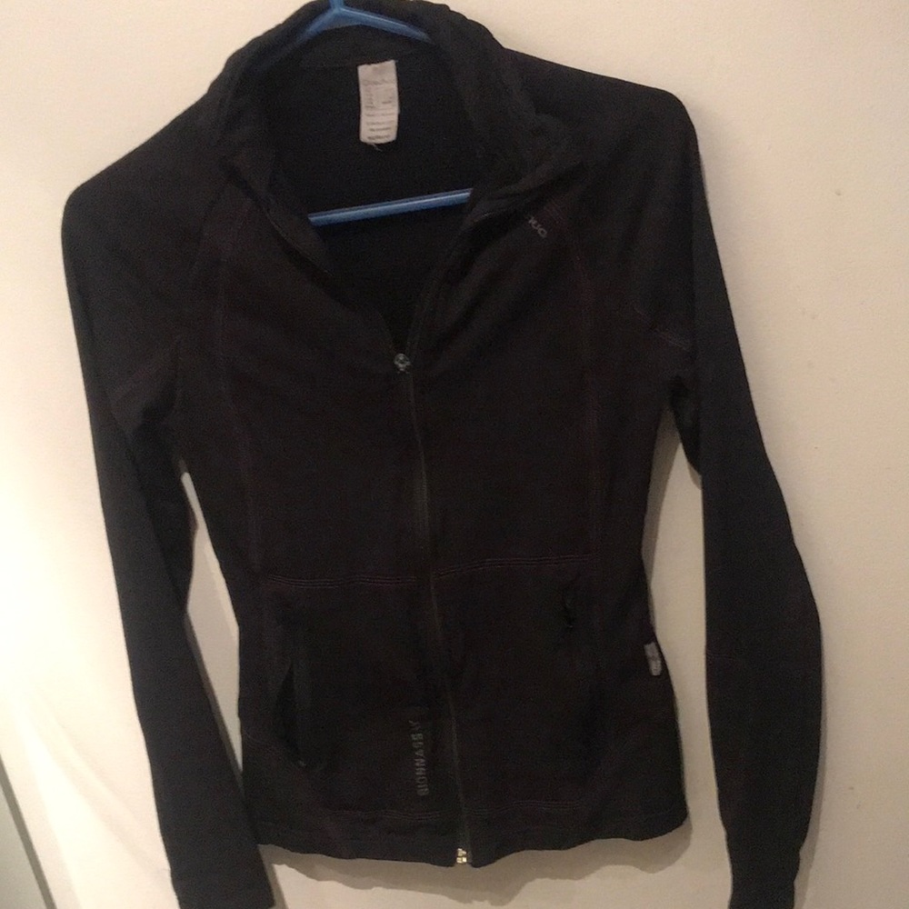 Quechua performance zip up jacket black w pink stitching multiple zippers